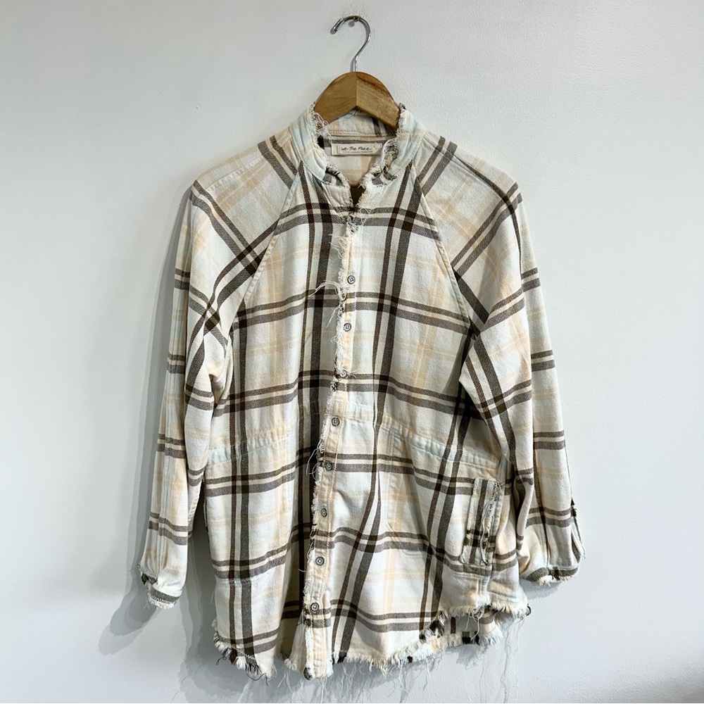 Free People Cream and Brown Plaid Button-Down Shirt